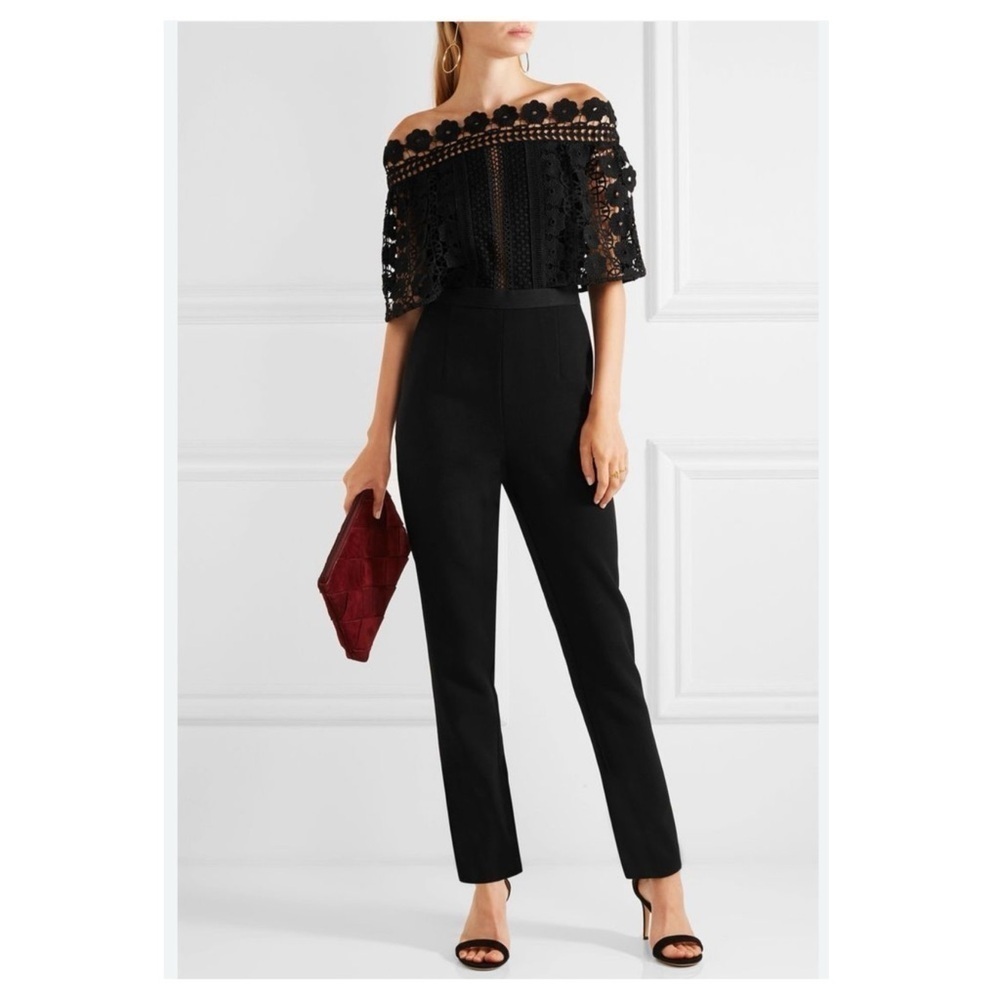Self-Portrait Black Serena Guipure Lace Crepe Jumpsuit Crochet Pants Set